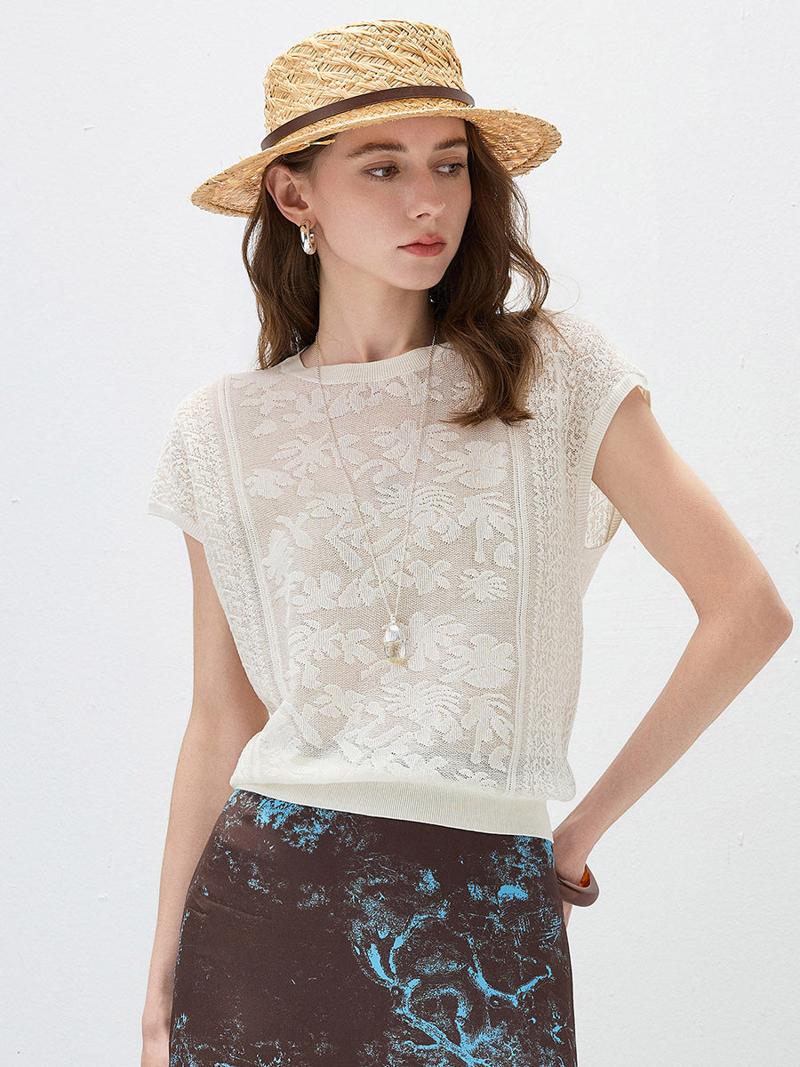 COMOBOCA Cloudy Women's Semi Sheer Cap Sleeves Knit T-Shirt
