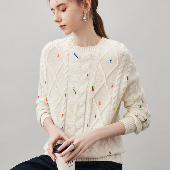 COMOBOCA 100% Cashmere Women's Cable Knit Colorful Accents Sweater