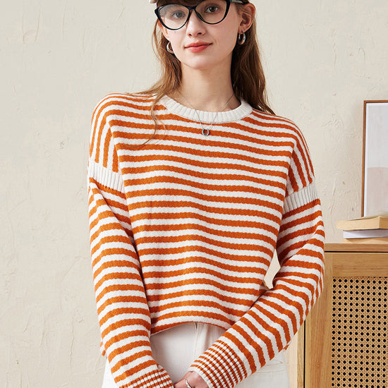 COMOBOCA Orange 100% Wool Women's Striped Knit Pullover Sweater