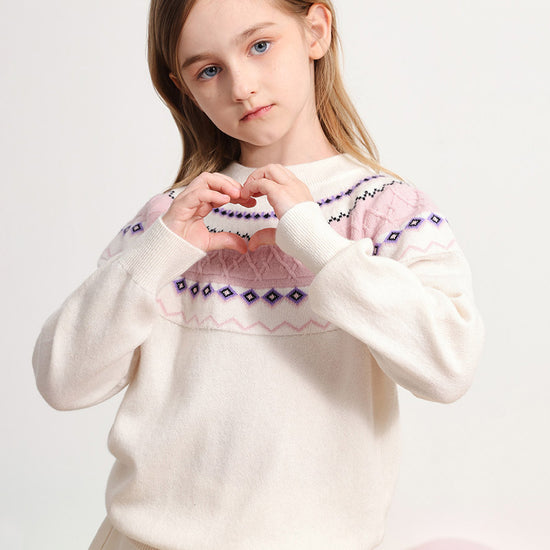 COMOBOCA WHITE 100% Wool Kids' Jacquard Round Neck Sweater