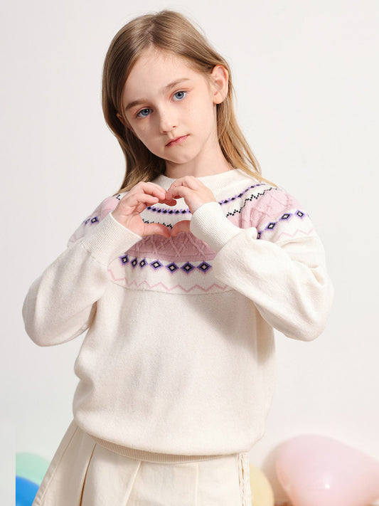 COMOBOCA WHITE 100% Wool Kids' Jacquard Round Neck Sweater