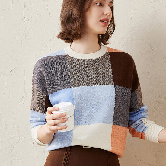 COMOBOCA Light Blue 100% Cashmere Women's Color Block Plaid Sweater