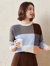 COMOBOCA Light Blue 100% Cashmere Women's Color Block Plaid Sweater