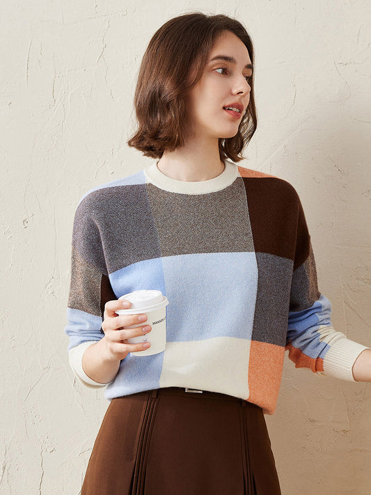 COMOBOCA Light Blue 100% Cashmere Women's Color Block Plaid Sweater