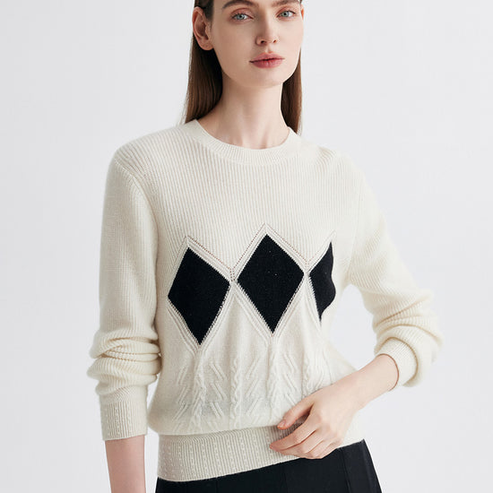 COMOBOCA 100% Cashmere Women's Argyle Patterned Round Neck Sweater