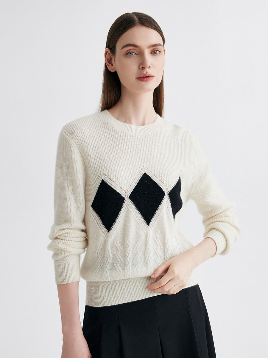 COMOBOCA 100% Cashmere Women's Argyle Patterned Round Neck Sweater