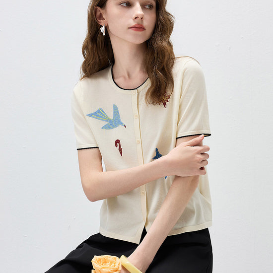 COMOBOCA Women's Embroidered Short Sleeve Cardigan