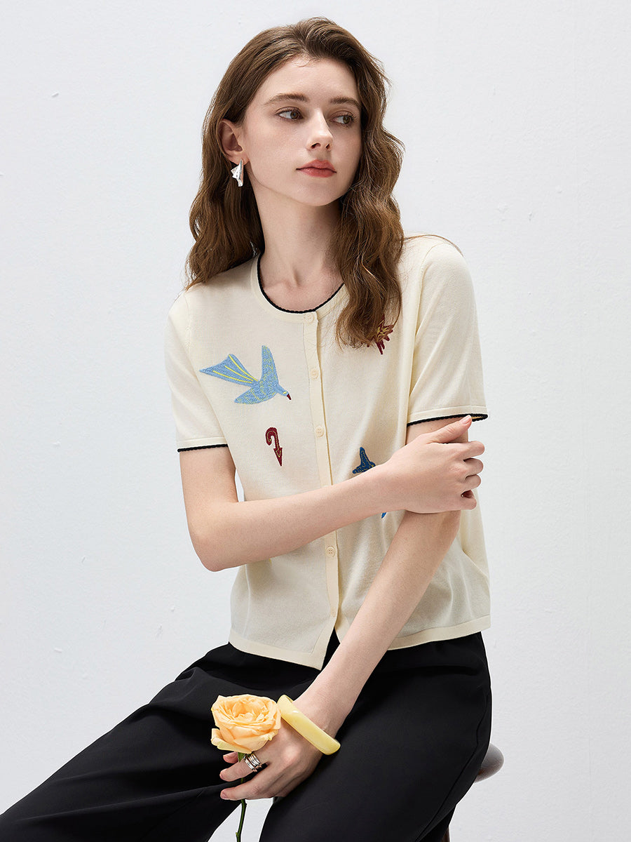 COMOBOCA Women's Embroidered Short Sleeve Cardigan