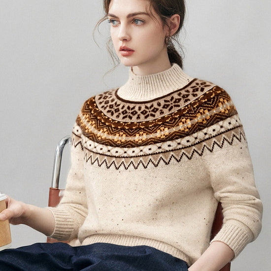 COMOBOCA 100% Cashmere Women's Fair Isle Mock Neck Sweater