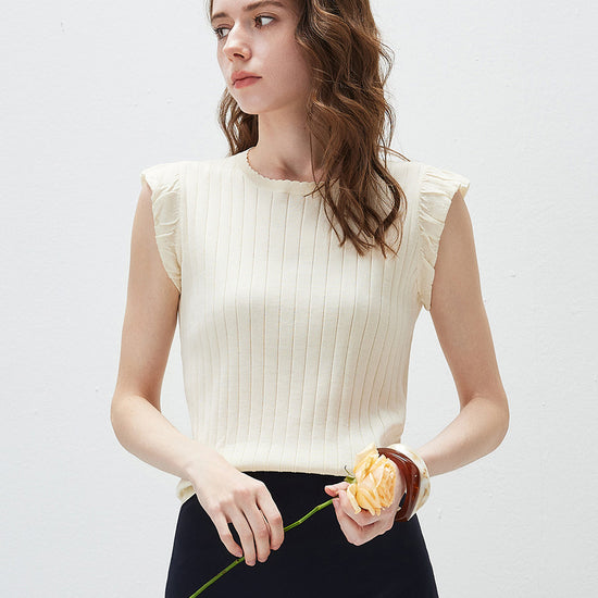 COMOBOCA Cream Women's Ruffled Cap Sleeve Ribbed Knit Blouse