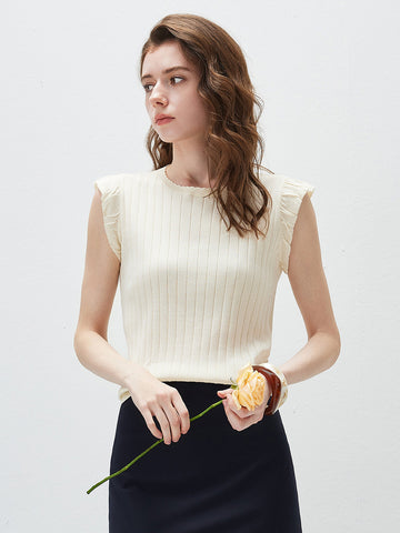 COMOBOCA Cream Women's Ruffled Cap Sleeve Ribbed Knit Blouse