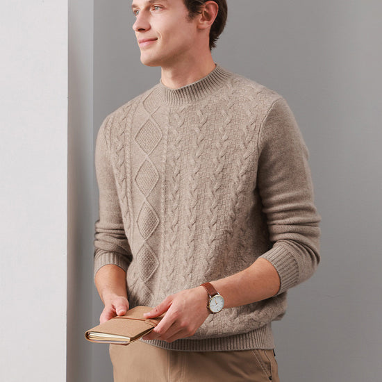 COMOBOCA BEIGE 100% Cashmere Men's Ribbed Mock Neck Sweater