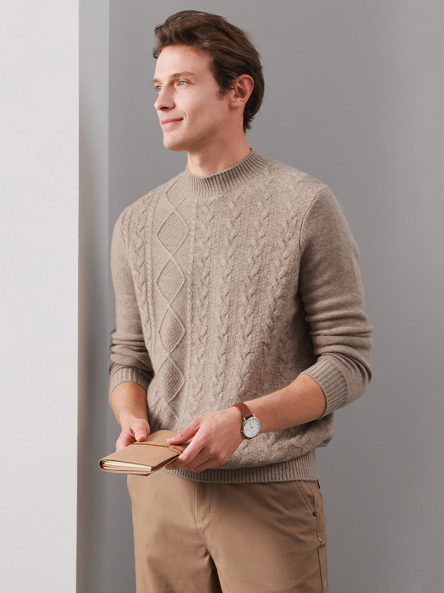 COMOBOCA BEIGE 100% Cashmere Men's Ribbed Mock Neck Sweater