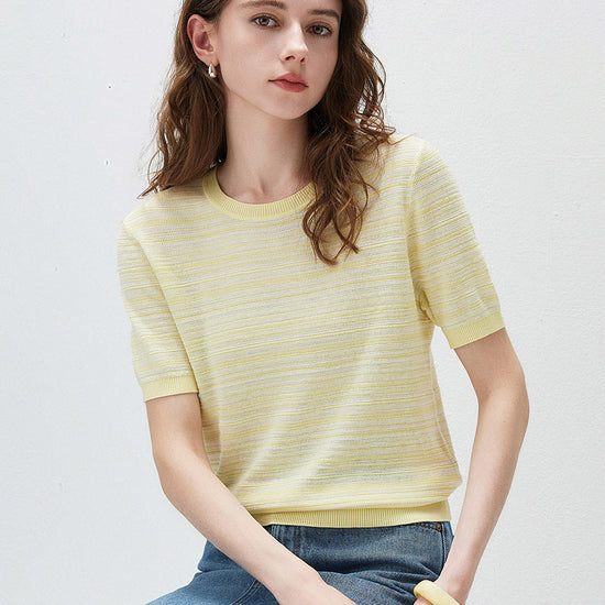 COMOBOCA Women's Ribbed Fine Stripe Knit T-Shirt