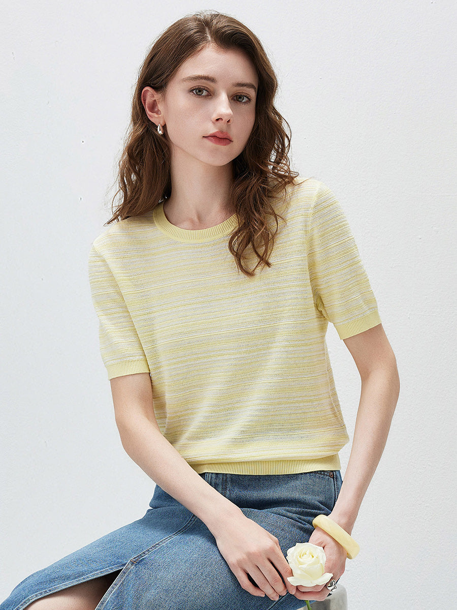 COMOBOCA Women's Ribbed Fine Stripe Knit T-Shirt