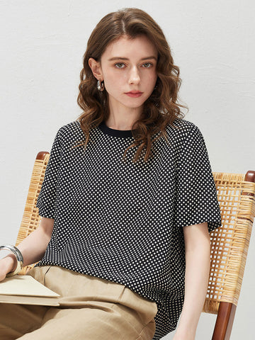 100% Silk Women's  Vintage Print Crew Neck Short Sleeve T-Shirt