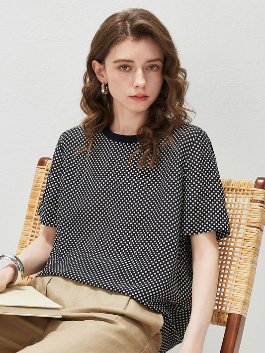 100% Silk Women's  Vintage Print Crew Neck Short Sleeve T-Shirt