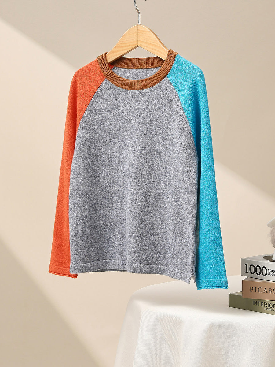 COMOBOCA 100% Wool Kid's Casual Colorblock Knit Sweater