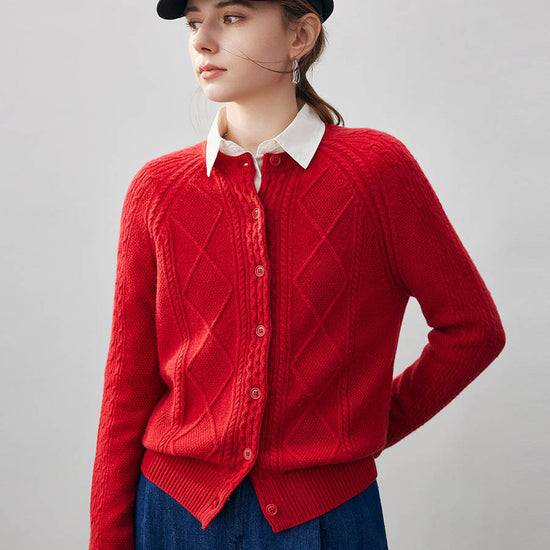 COMOBOCA 100% Cashmere Women's Argyle Cable Button Up Knit Cardigan