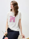 COMOBOCA Cloudy Women's Leopard Cat Embroidered Knit T-Shirt