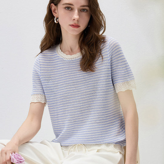 COMOBOCA Women's Drawstring Striped Lace Trim Knit T-Shirt