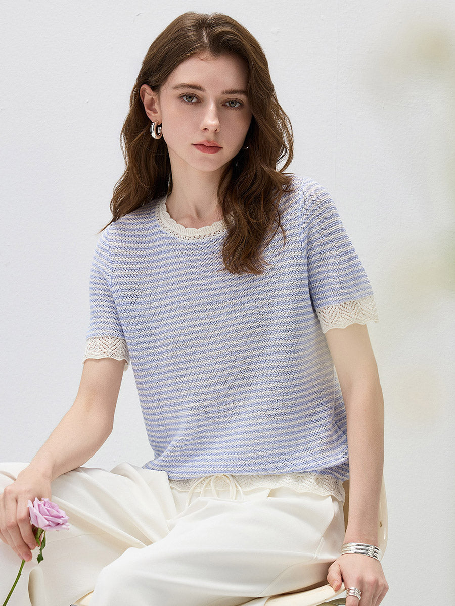 COMOBOCA Women's Drawstring Striped Lace Trim Knit T-Shirt