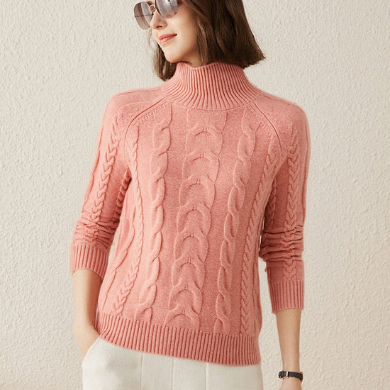 COMOBOCA Brick Red 100% Cashmere Women's Turtleneck Cable Knit Sweater