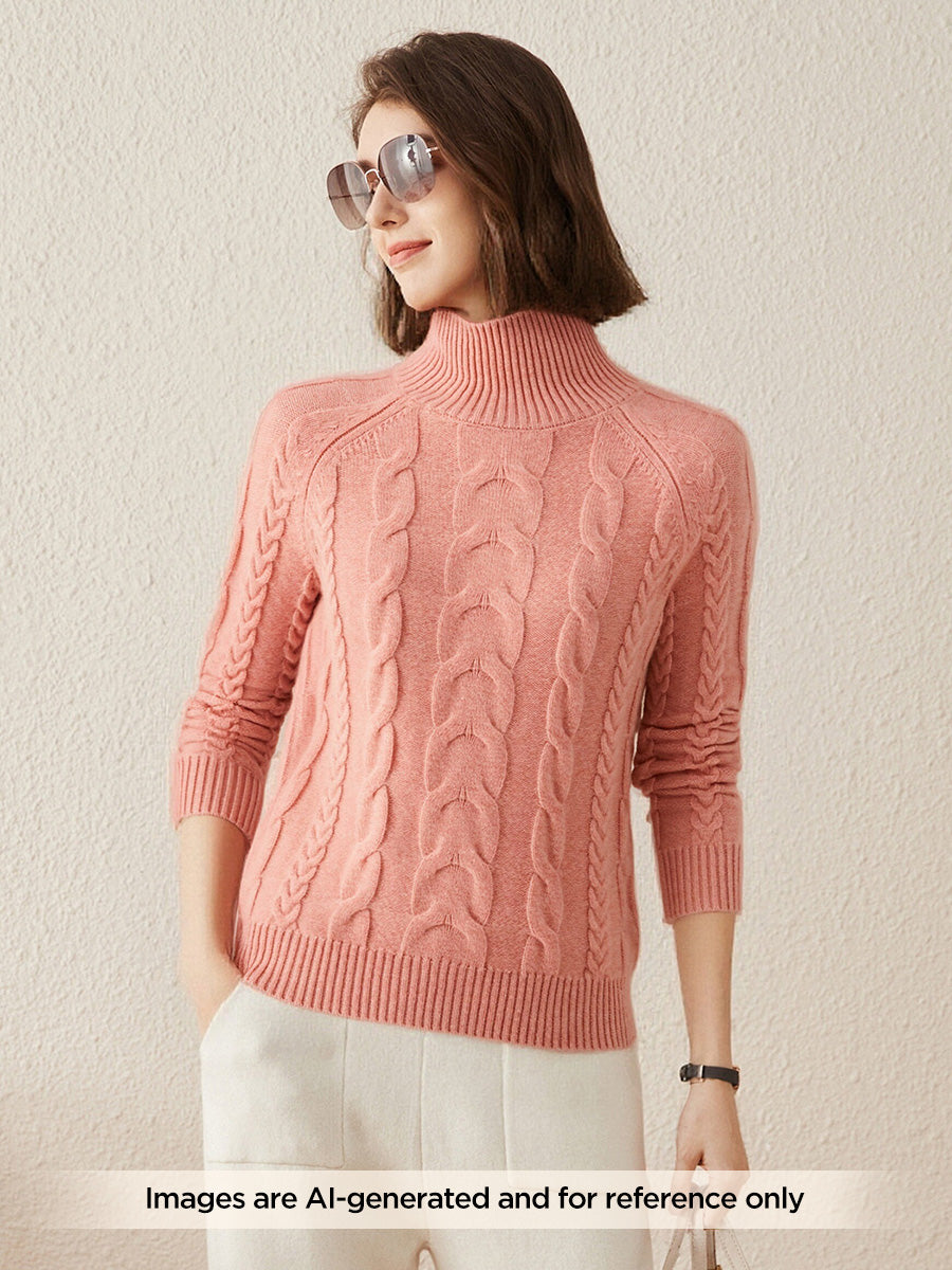 COMOBOCA Brick Red 100% Cashmere Women's Turtleneck Cable Knit Sweater