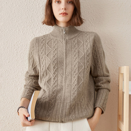 COMOBOCA Camel 100% Cashmere Women's Knit Zip Up Cardigan Sweater