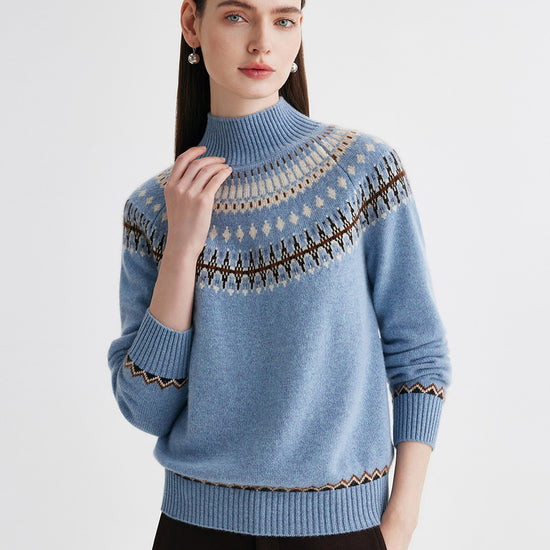 COMOBOCA 100% Cashmere Women's Fair Isle Mock Neck Sweater
