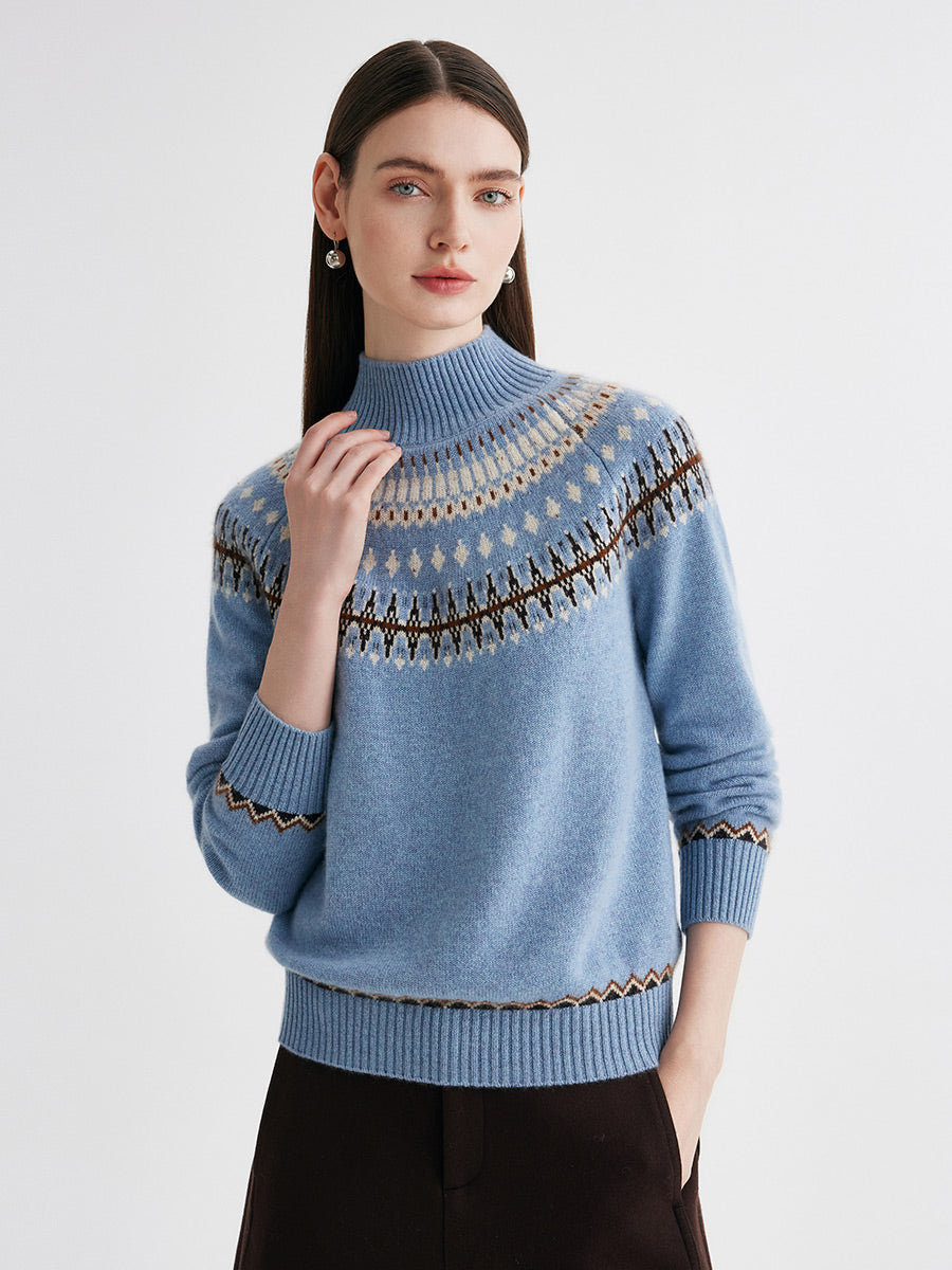 COMOBOCA 100% Cashmere Women's Fair Isle Mock Neck Sweater