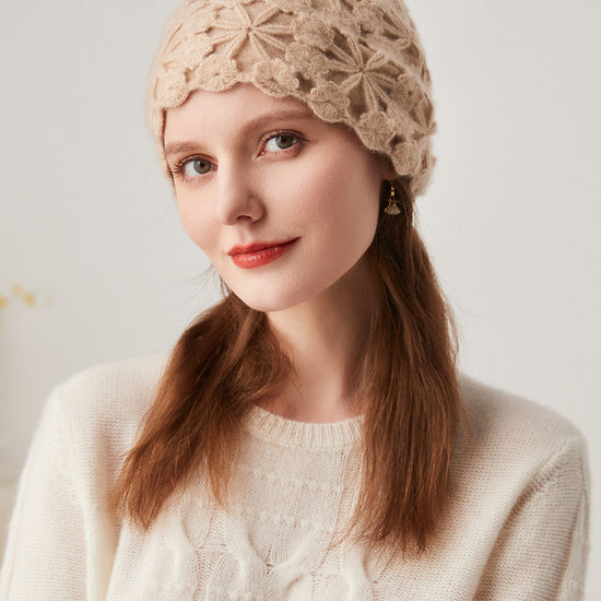 COMOBOCA Camel 100% Cashmere Women's Floral Crochet Knit Beanie