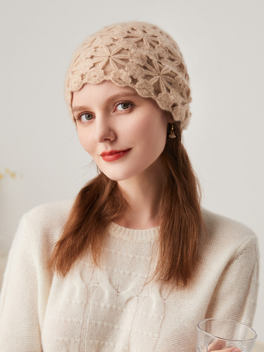 COMOBOCA Camel 100% Cashmere Women's Floral Crochet Knit Beanie
