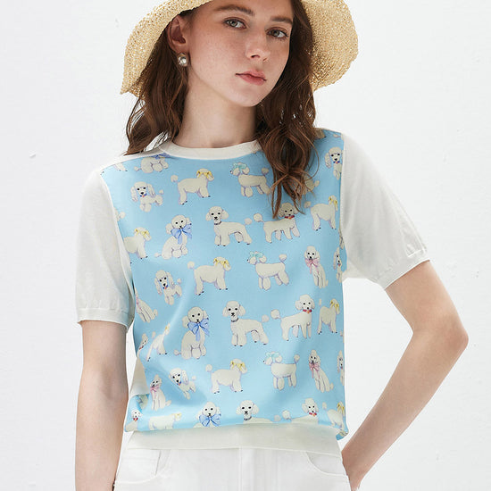 COMOBOCA Light Blue Women's Mixed Print Short Sleeve Knit Top