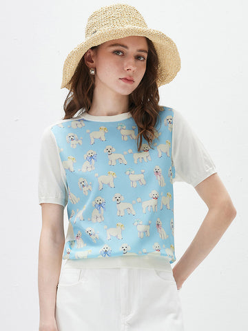 COMOBOCA Light Blue Women's Mixed Print Short Sleeve Knit Top