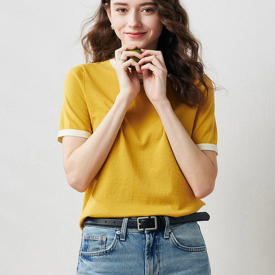 COMOBOCA Yellow Women's Retro Ringer Cotton Silk T-Shirt