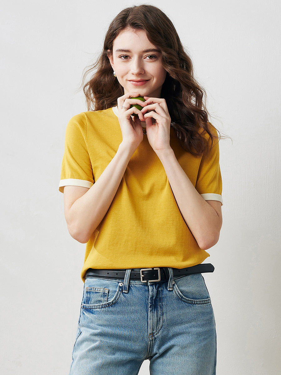 COMOBOCA Yellow Women's Retro Ringer Cotton Silk T-Shirt