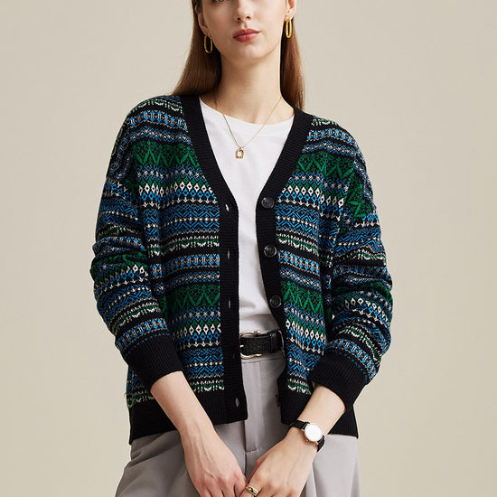 COMOBOCA Black 100% Wool Women's Fair Isle Patterned Cardigan