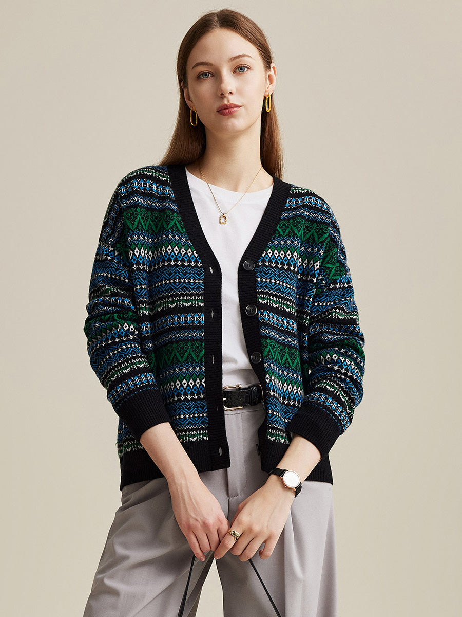 COMOBOCA Black 100% Wool Women's Fair Isle Patterned Cardigan