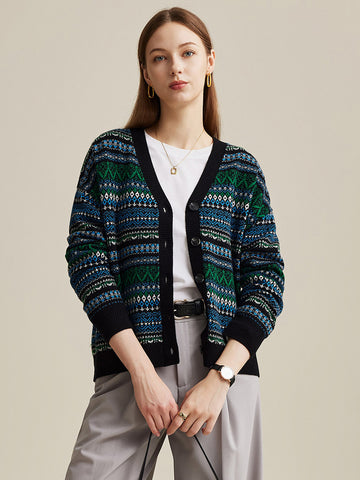 COMOBOCA Black 100% Wool Women's Fair Isle Patterned Cardigan