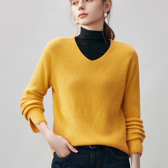 COMOBOCA M Yellow 100% Cashmere Women's V-Neck Ribbed Knit Sweater