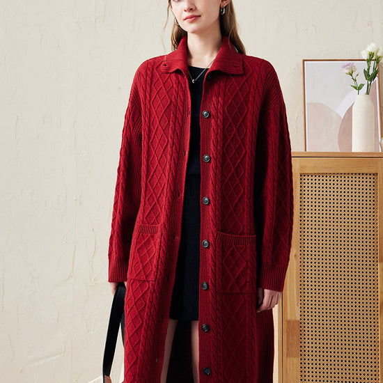 COMOBOCA 100% Wool Women's Cable Knit Long Front Button Coat