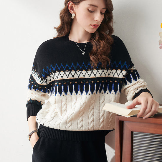 COMOBOCA Multicolor 100% Wool Women's Nordic Pattern Cable Knit Sweater
