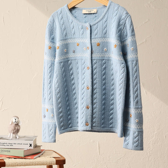COMOBOCA Light Blue 100% Wool Kid's Floral Embroidered Cable Knit Cardigan