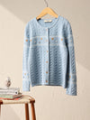 COMOBOCA Light Blue 100% Wool Kid's Floral Embroidered Cable Knit Cardigan