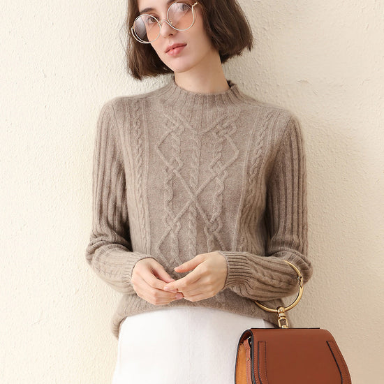 COMOBOCA TAUPE 100% Cashmere Women's Mock Neck Knit Sweater
