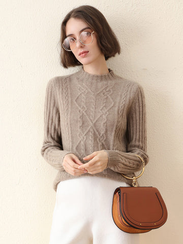 COMOBOCA TAUPE 100% Cashmere Women's Mock Neck Knit Sweater