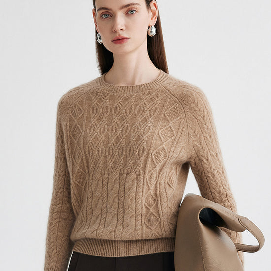 COMOBOCA Camel 100% Cashmere Women's Cable Knit Round Neck Sweater