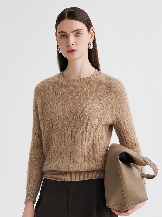 COMOBOCA Camel 100% Cashmere Women's Cable Knit Round Neck Sweater