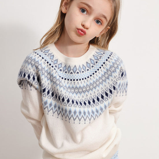 COMOBOCA WHITE 100% Wool Kids' Fair Isle Round Neck Sweater
